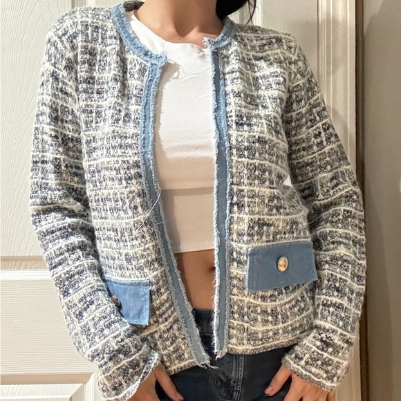 Sioni Blue and White Tweed Cardigan - Picture 1 of 3